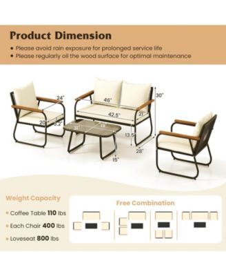 Set Of 4 Patio Furniture Set w/Tempered Glass Coffee Table PE Wicker Rattan Chairs