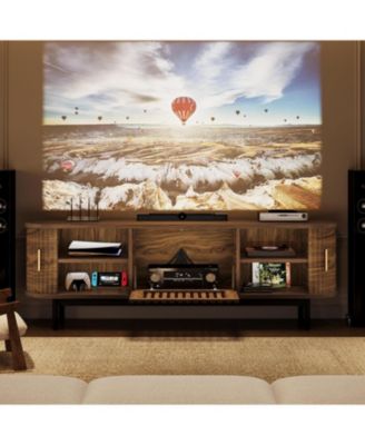 70" TV Stand for TVs up to 80", Wood TV Console with Metal Legs & Sliding Doors, Entertainment Center, Walnut