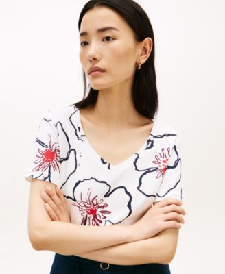 Women's Printed Ribbed V-Neck T-Shirt