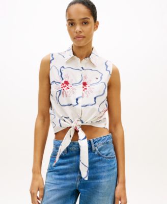 Women's Printed Knot Detail Sleeveless Shirt