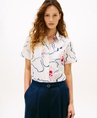 Women's Printed Linen Short-Sleeve Relaxed Shirt