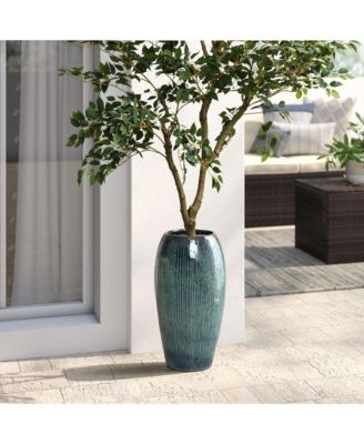 23-Inch Tall Blue Ceramic Planter, Decorative Round Pot for Plants & Flowers