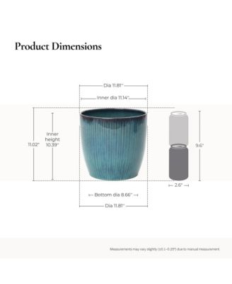 Forest Fade Ribbed Ceramic Planter, 11.8" Glossy Blue-Green Pot with Brown Rim