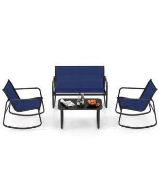 Set Of 8 Outdoor Patio Rocking Set 4 Rocking Chairs & Loveseat w/ Glass-Top Table