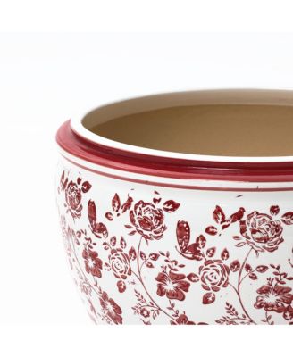 Red Floral Ceramic Planter, 12.2" Round, Indoor & Outdoor Garden Pot