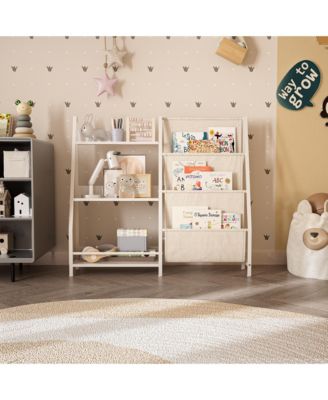 Kids Bookshelf and Toy Organizer - 3 Tier Wooden & Fabric Bookcase with Anti-Tip Kit for Playroom, Nursery, Classroom