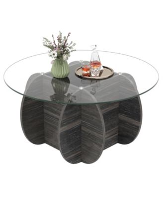 35 Round Coffee Table Unique Circle Center Table with Tempered Glass Top and Solid Wood Base