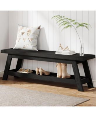 55" Wood Entryway Bench with Shoe Storage, Large 2-Tier Narrow Hallway Foyer Seating Bench