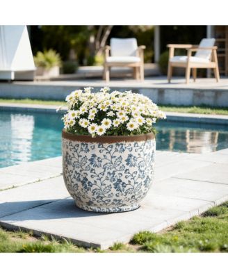 Floral Ceramic Planter, 15.59" Round, Indoor & Outdoor Garden Pot