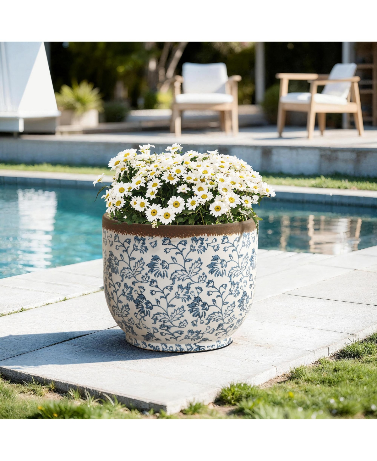 LuxenHome Floral Ceramic Planter, 15.59" Round, Indoor & Outdoor Garden Pot