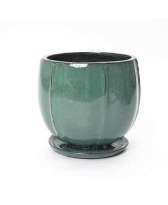 Glossy Gradient Teal Ceramic Planter, 13.4-Inch Tall Ridged Container with Connected Tray