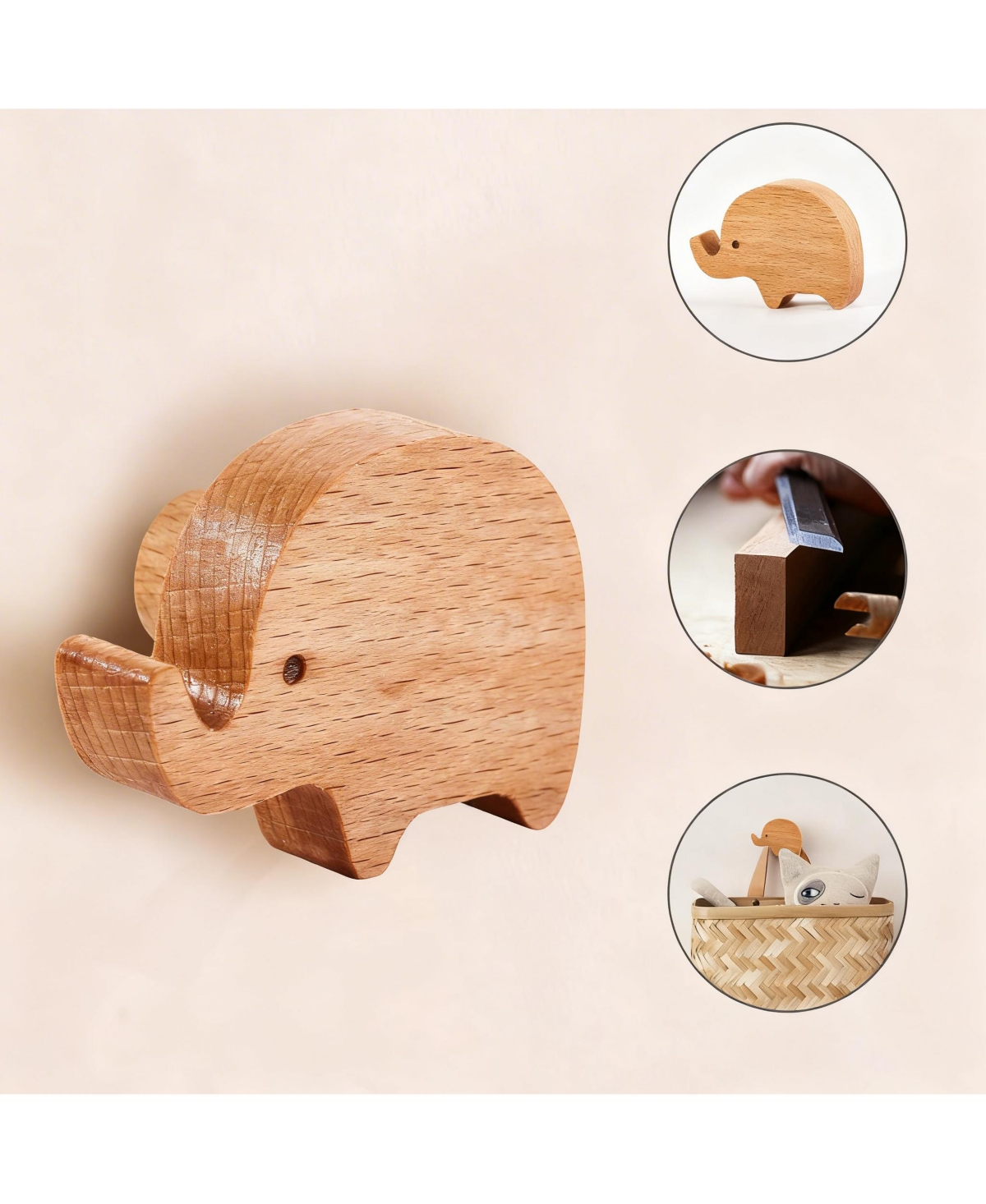 Yigii 4-Piece Cartoon Animal Wooden Coat Hooks for Home Decoration