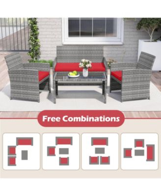 4 Piece Patio Furniture Set Outdoor Wicker Conversation Set w/ Tempered Glass Coffee Table