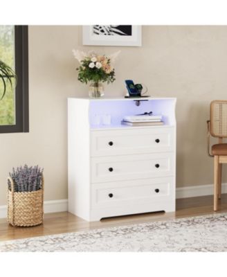 3 Drawer Wooden Nightstand for Bedside with LED Lights & Charging Station, Wood Chest of Drawers for Closet, Living Room, Hallway, Entryway