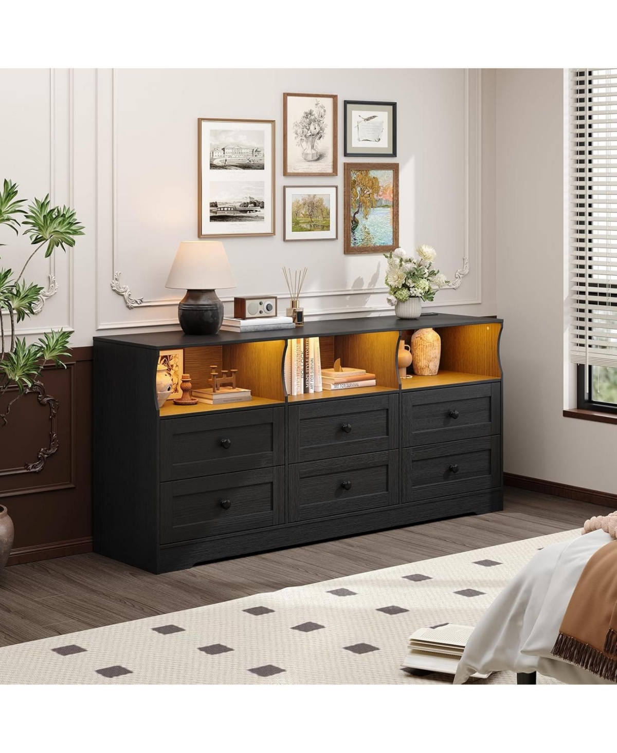 gaomon 6 Drawer Dresser with Rgb Lights & Power Outlet, Tv Stand Storage Cabinet for Living Room, Bedroom, Entryway