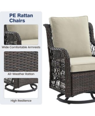 3-Piece Outdoor Patio Bistro Set - PE Wicker 360° Swivel Glider Chairs with Thick Cushions & Tempered Glass Table, Brown Rattan Furniture