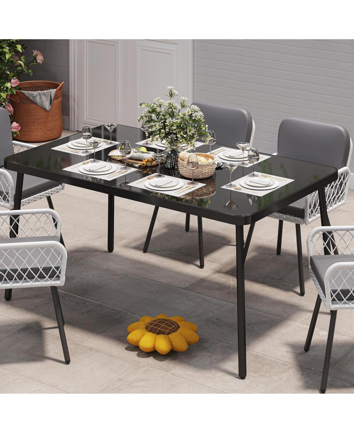 gaomon 59'' Patio Dining Table Set for 4-6 Person, Tempered Glass Tabletop with Metal Frame