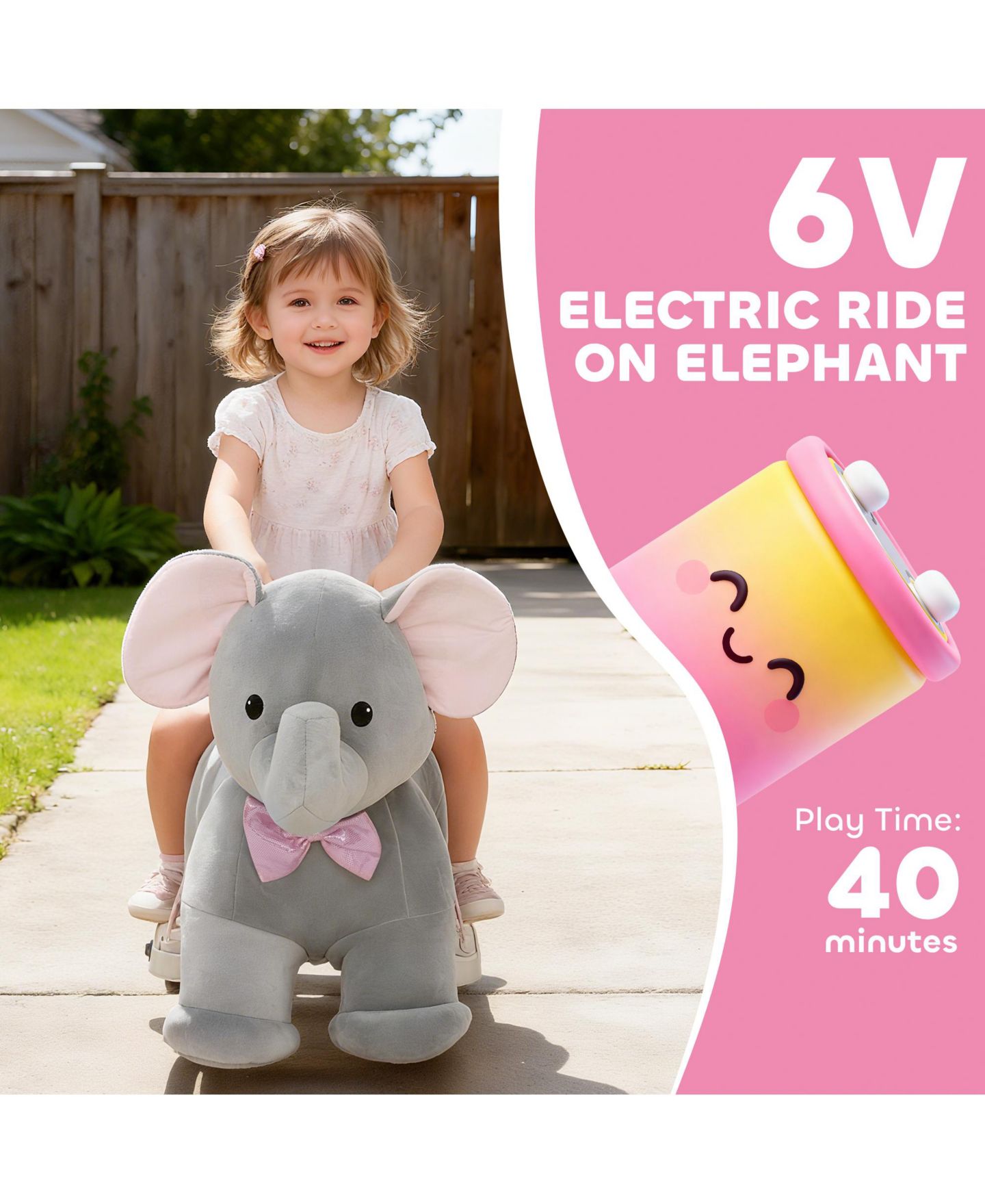 Детская игрушка Qaba 6V Ride-On Elephant with Music Ride-On Toy, 55 lbs. Capacity, Ages 1.5-5 Years, цвет: Серый — фото 4