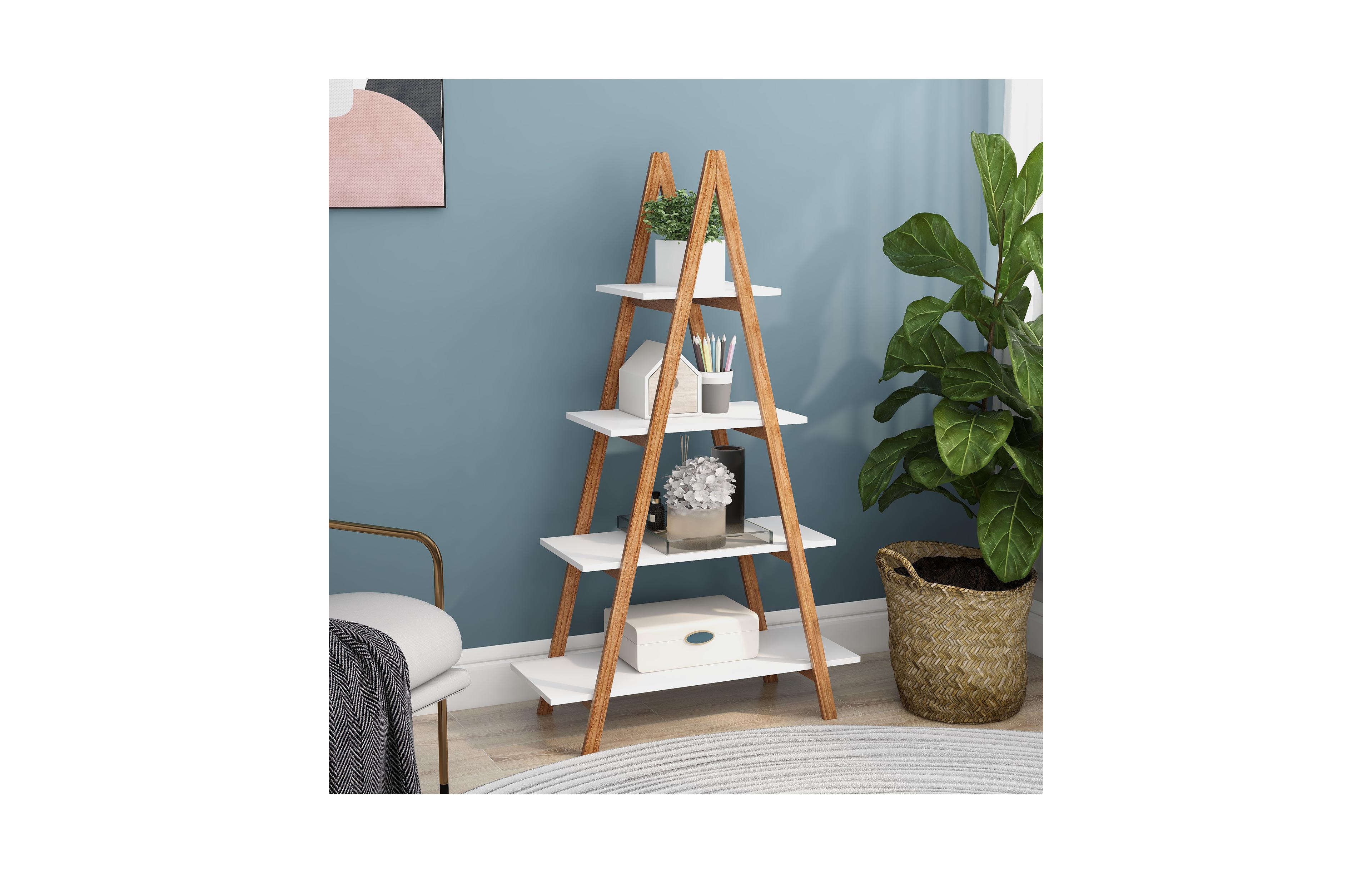 Rainsken A Shape Storage Rack, 4-Tier Wood Multifunctional Display Shelf, Freestanding Bookshelf for Home Office, Living Room