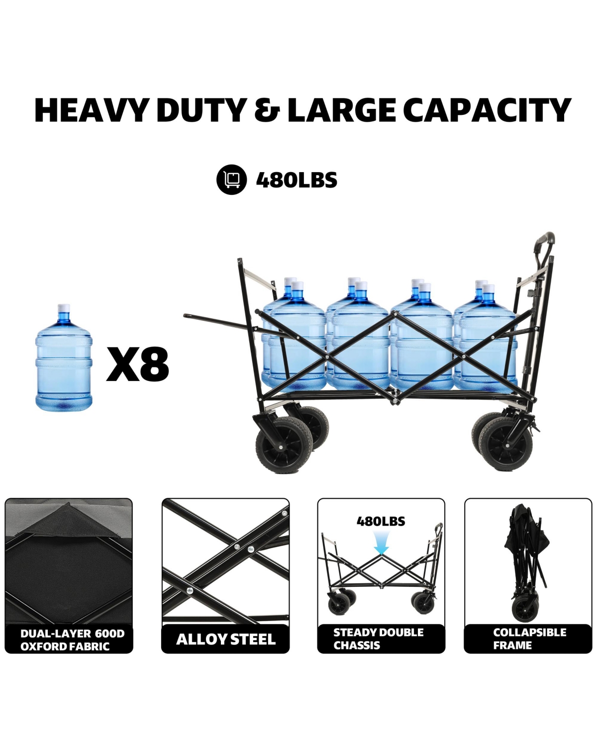 Rainsken Collapsible Wagon with Canopy, Heavy Duty Utility Cart with All-Terrain Wheels, Large Capacity for Camping