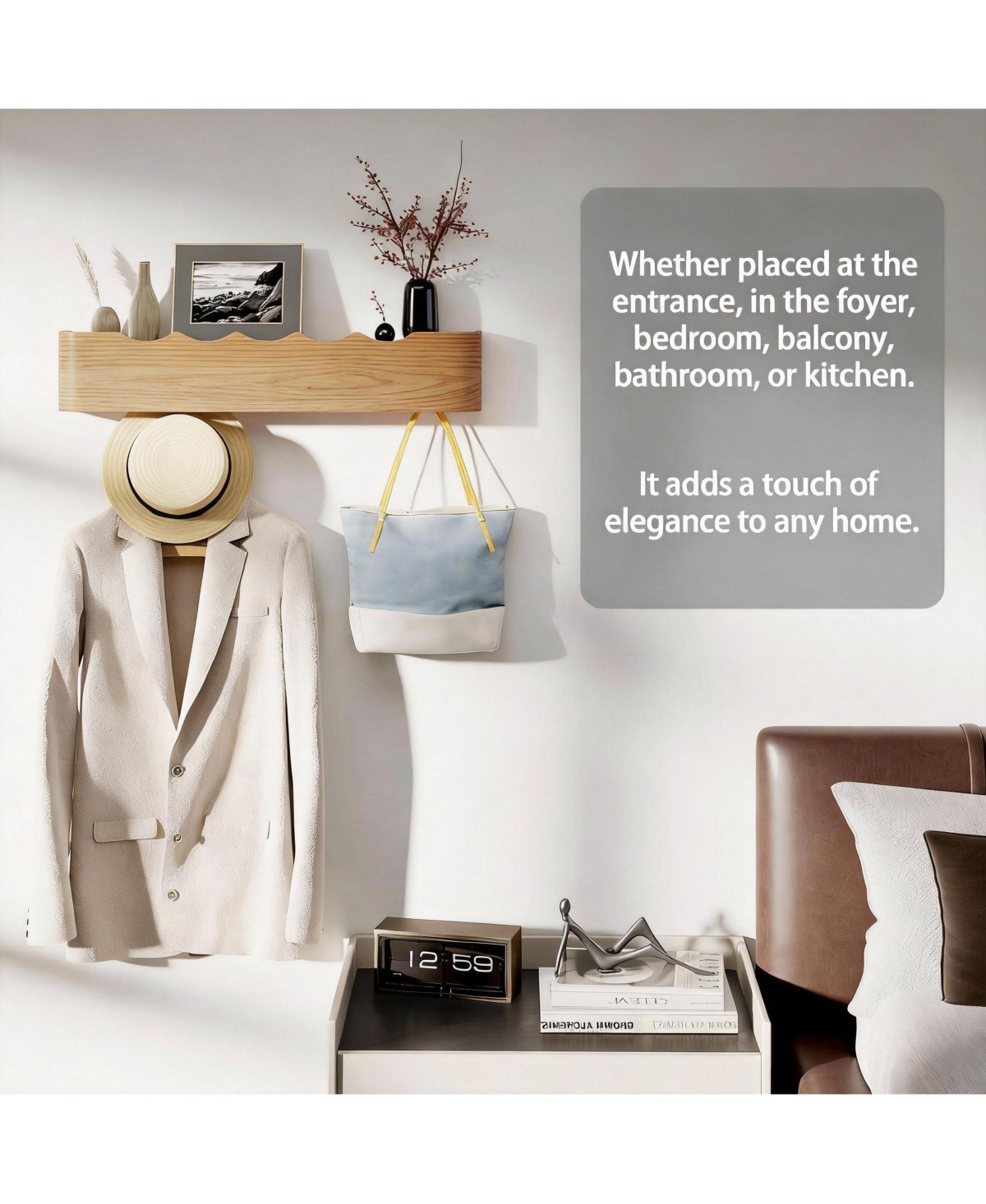 Yigii Modern Walnut Wood Wall Shelf with 8 Hooks for Home Decor and Storage