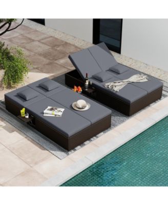 Patio Daybed PE Wicker Double Chaise Lounge Adjustable Backrests Outdoor