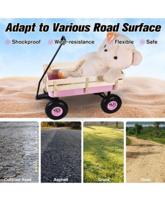 Heavy Duty Rolling Garden Wagon - Utility Cart with Wooden Side Panels, Air Tires Pulling and Wide Grip Handle for Grocery