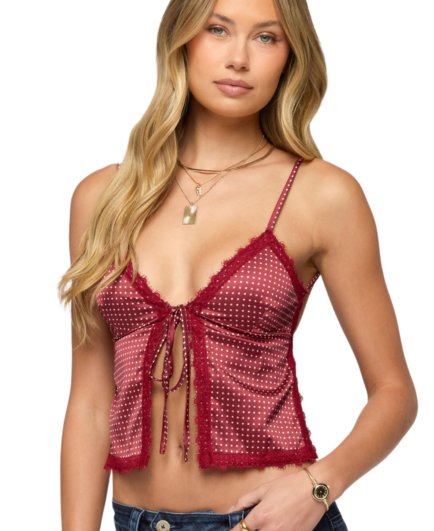 Женский топ Edikted Backless Satin Effect Polka Dot, цвет: Бордовый — фото 1