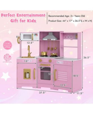 Pretend Play Kitchen Wooden Toy Set with Range Hood, Realistic Lights & Sounds