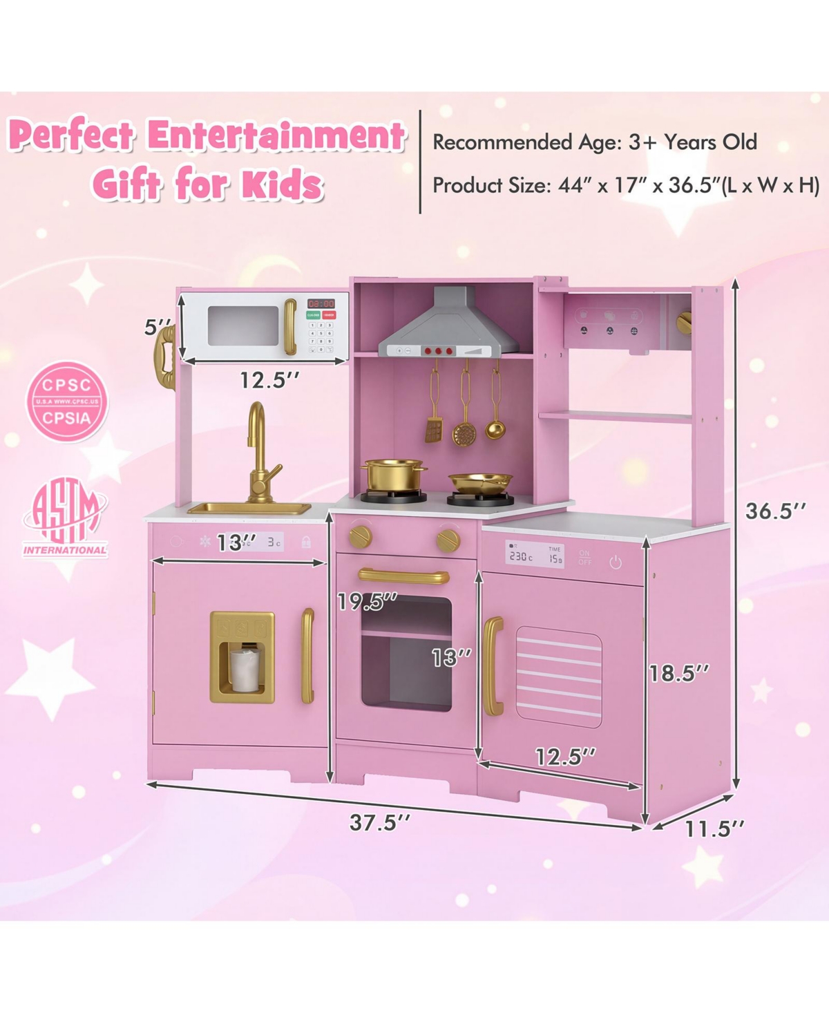 Mecale Pretend Play Kitchen Wooden Toy Set with Range Hood, Realistic Lights & Sounds