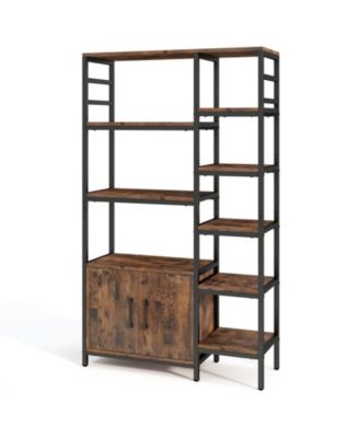 Double Wide 8-Tier Bookshelf with 2-Door Cabinet for Living Room Home Office-Rustic