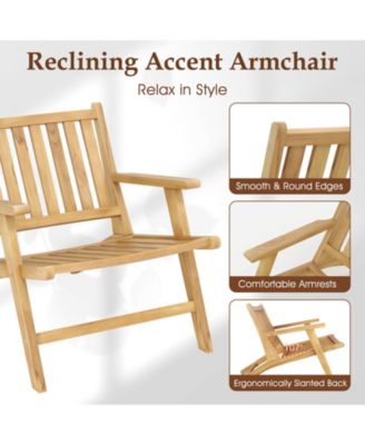 Teak Wood Outdoor Reclining Chair w/Comfortable Backrest & Armrests for Patio