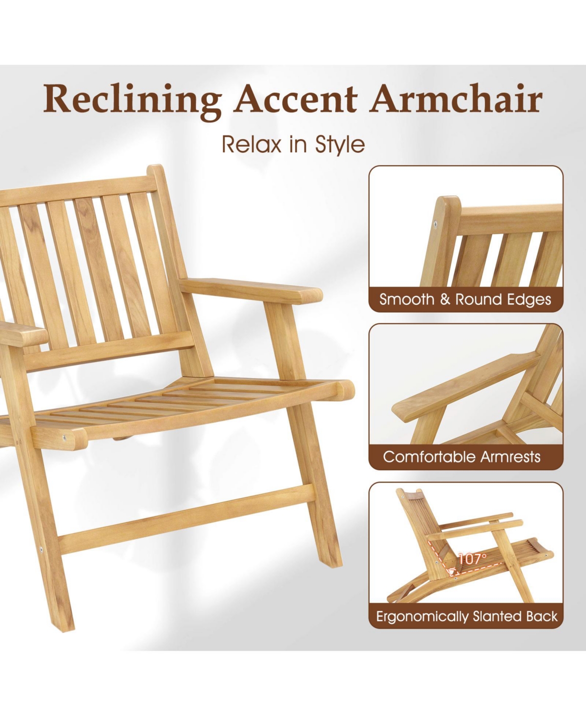 Gymax Teak Wood Outdoor Reclining Chair w/Comfortable Backrest & Armrests for Patio