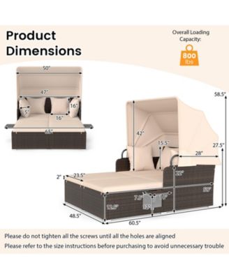 Patio Rattan Daybed Lounge Retractable Top Canopy Side Tables Cushions for Outdoor
