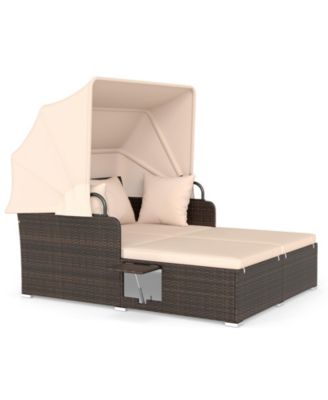 Patio Rattan Daybed Lounge Retractable Top Canopy Side Tables Cushions for Outdoor