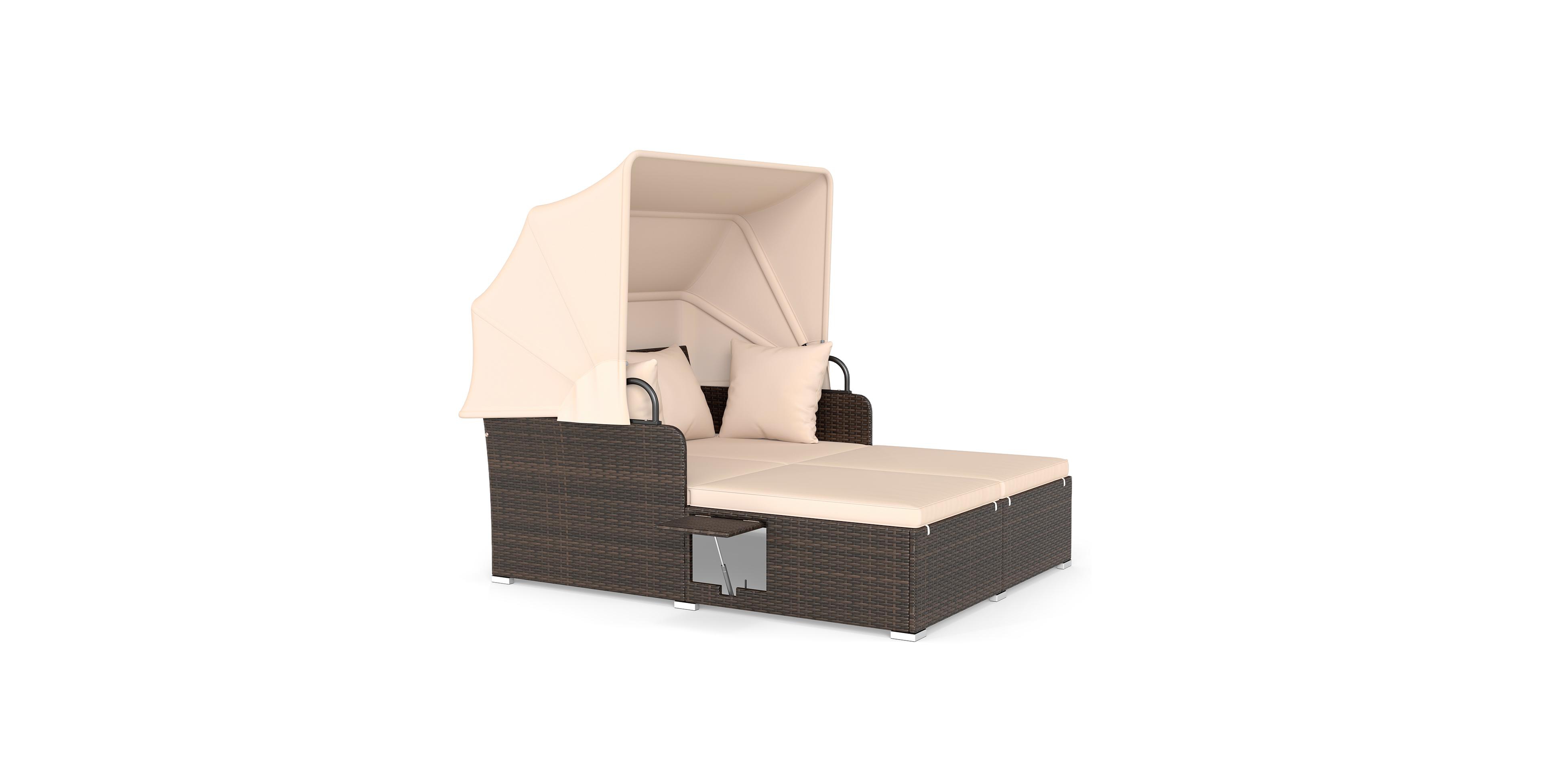 Gymax Patio Rattan Daybed Lounge Retractable Top Canopy Side Tables Cushions for Outdoor