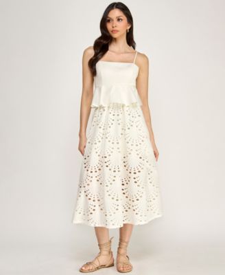 Juniors' Peplum Square Neck Top and Attached Eyelet Midi Skirt, 2-Piece Set