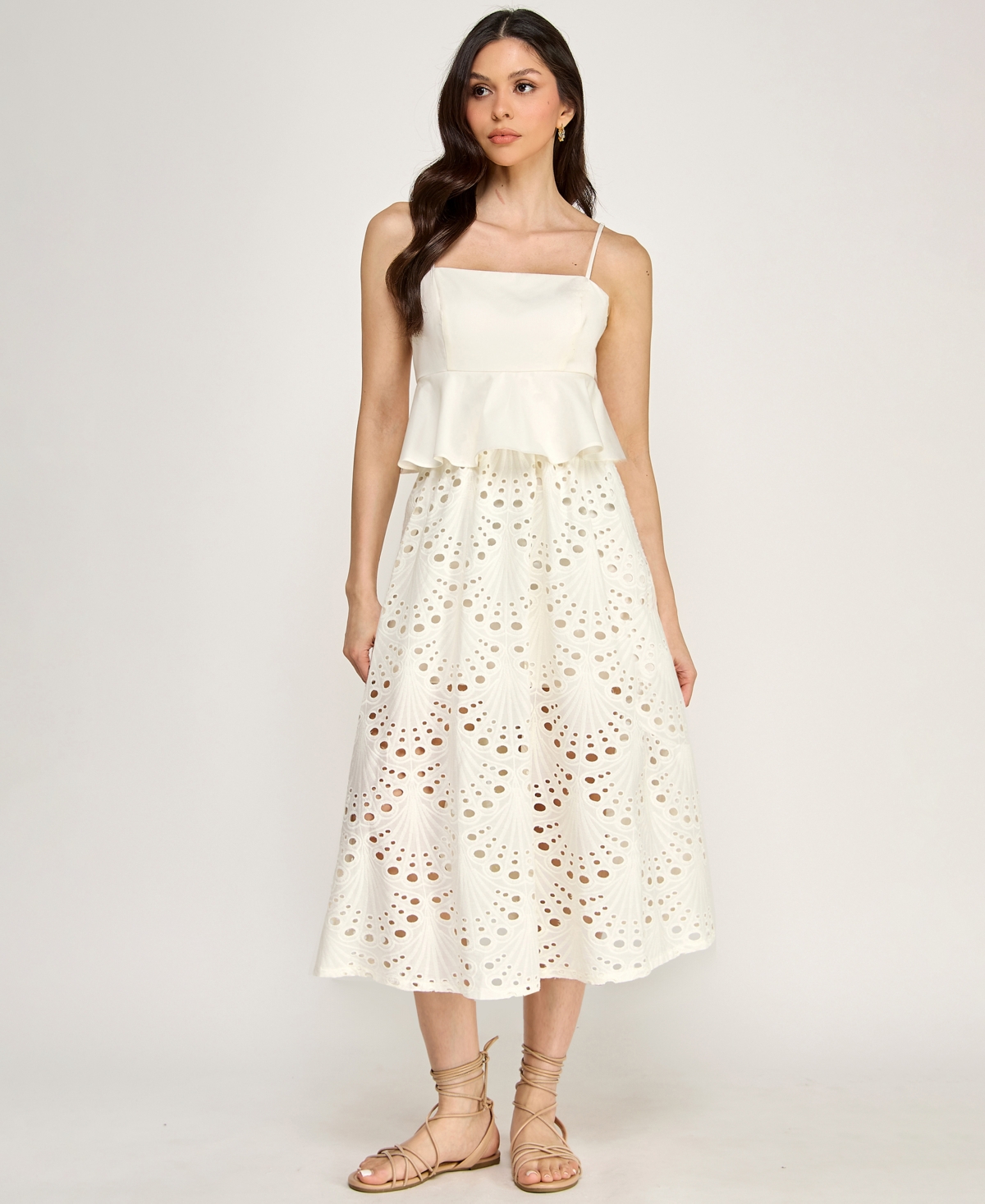 Seni & Cade Women's Peplum Square Neck Top and Attached Eyelet Midi Skirt, 2-Piece Set