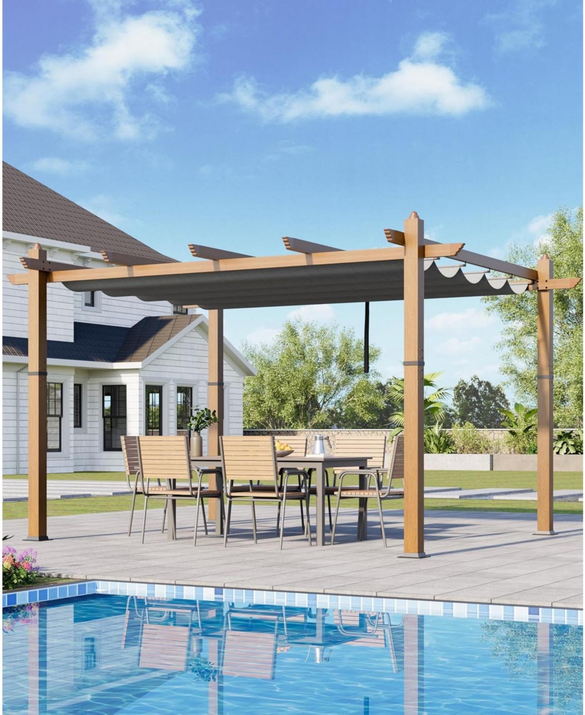 gaomon 10x13 ft Outdoor Aluminum Pergola with Retractable Canopy, Faux Wood Grain Patio Gazebo, Backyard Deck