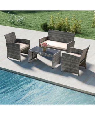 4PCS Patio Outdoor Conversation Set w/Seat Cushions & Tempered Glass Tabletop