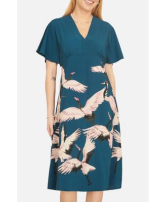 Women's Crane Print Kimono Midi Dress