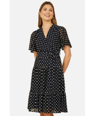 Women's Dot Print Mesh Stretch Midi Skater Dress