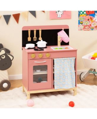 Play Kitchen for Kids, Wooden Kitchen Playset with Door Curtain for Role-Playing Fun
