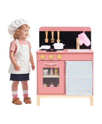 Play Kitchen for Kids, Wooden Kitchen Playset with Door Curtain for Role-Playing Fun
