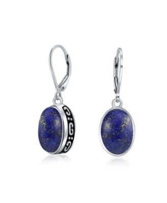 3.2CT Oval Natural Stone Drop Earrings Scroll Bezel Set Edge .925 Sterling Silver Lever-back