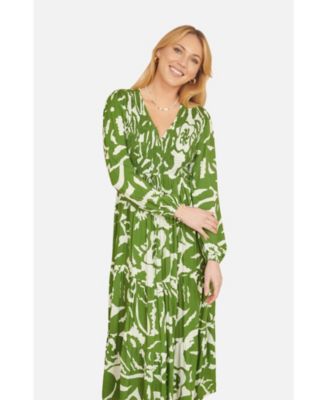 Women's Abstract Print Ruched V-Neck Midi Dress