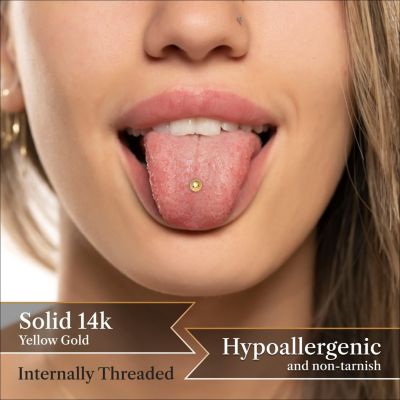 Solid 14k Gold 14G 5mm Bezel Cubic Zirconia Straight Barbell Internally Threaded Tongue Ring Body Piercing Ring