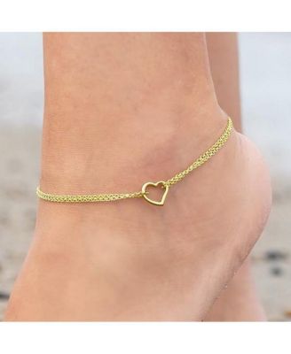 Solid 10K Yellow Gold 10 Inch Double Strand Open Love Heart Anklet