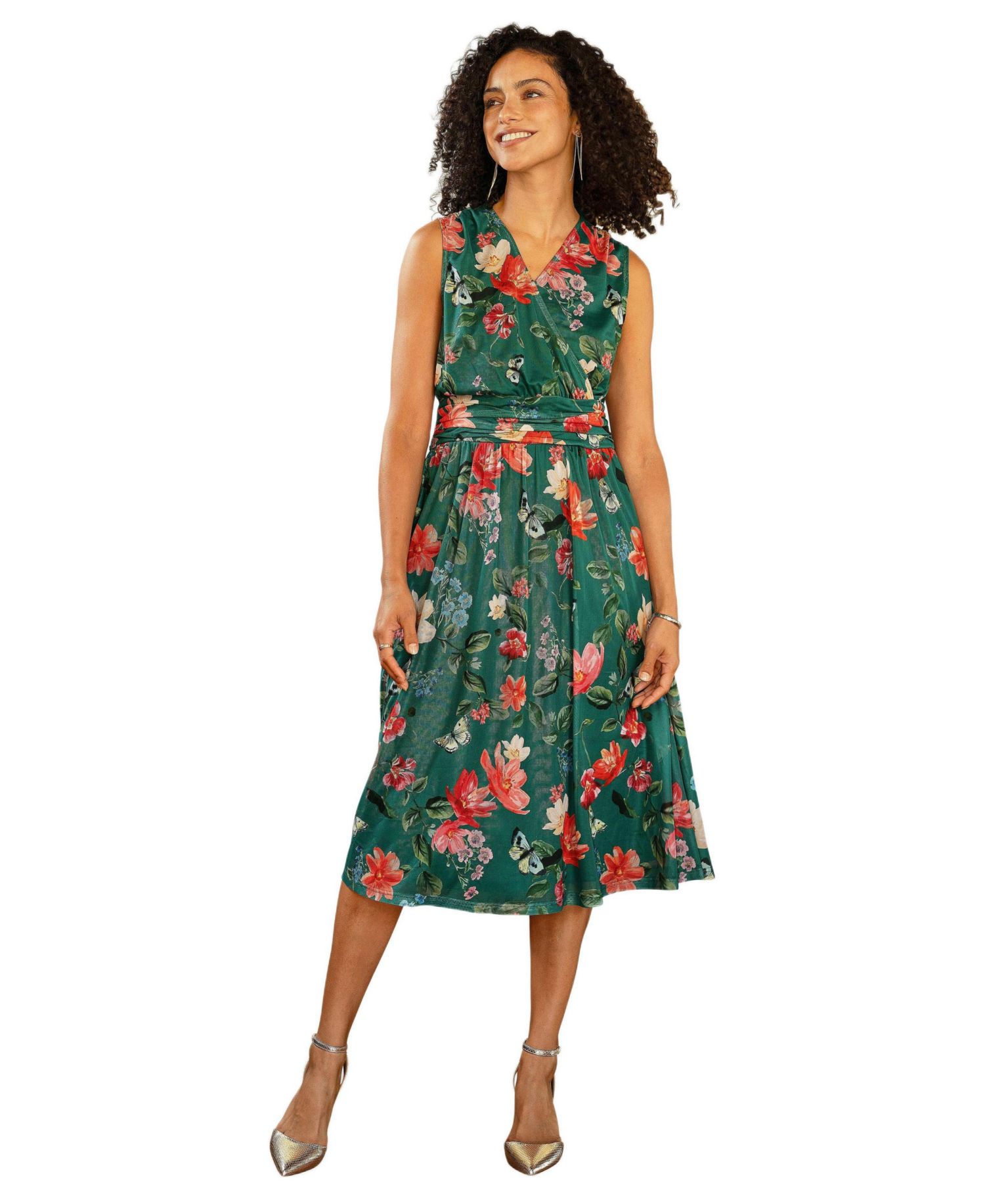 Women's Floral Print Mesh Stretch Midi Dress