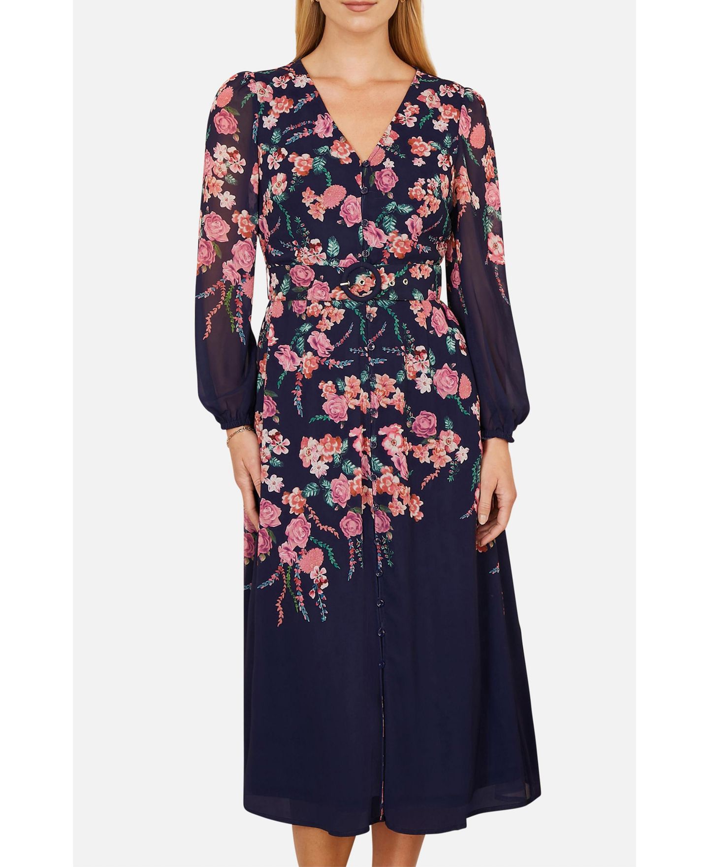 Женское платье Yumi Belted Floral Midi, цвет: Тёмно-синий — фото 8